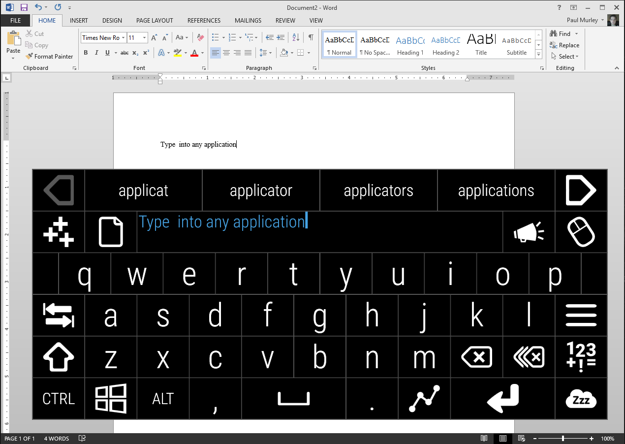 Screenshot showing user typing a sentence into Word